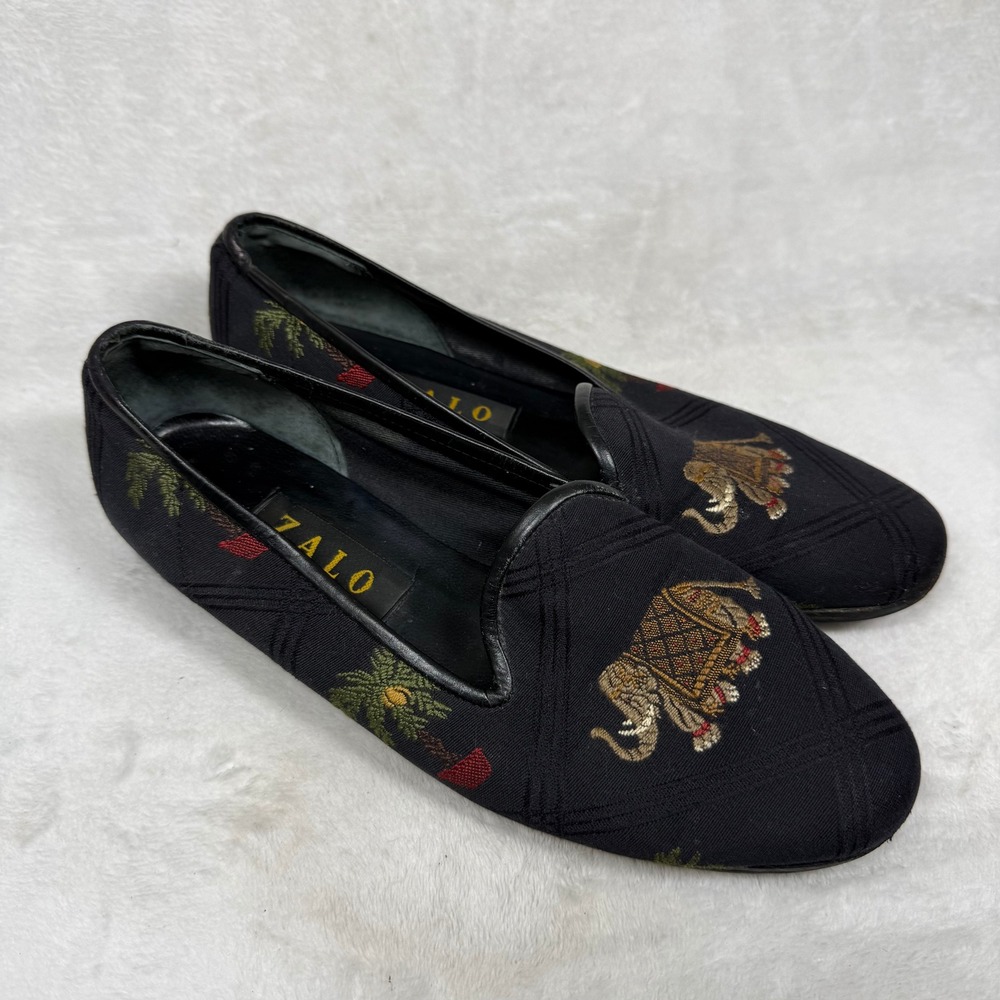 Zalo Vintage Black Embroidered Elephant Palm Tree Smoking Slipper Loafers Flat 8